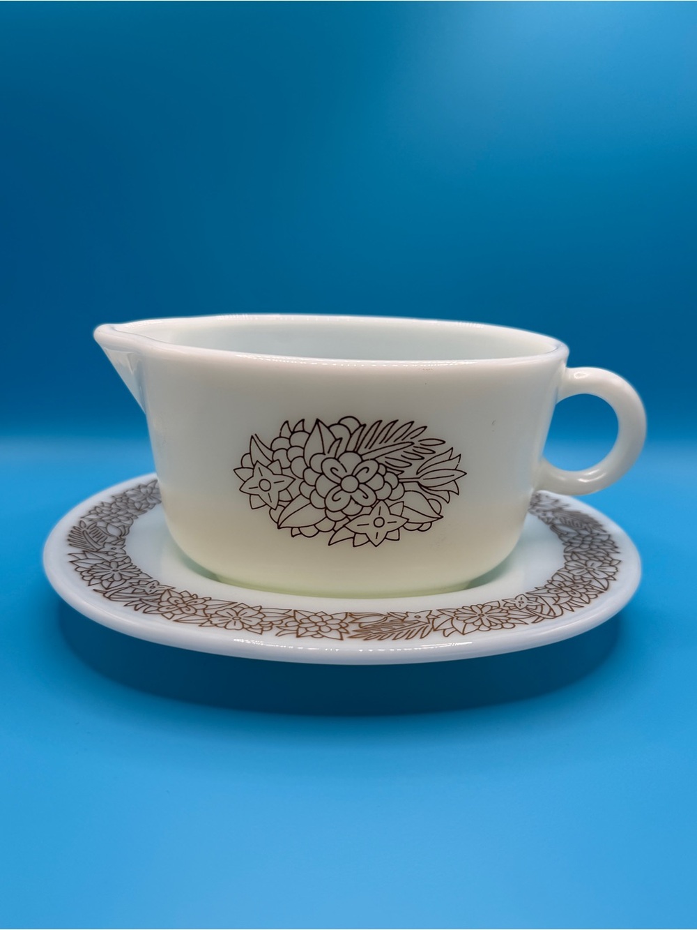 Vintage Pyrex Woodland Gravy Boat & Underplate 77 B Brown Floral Milk Glass Set